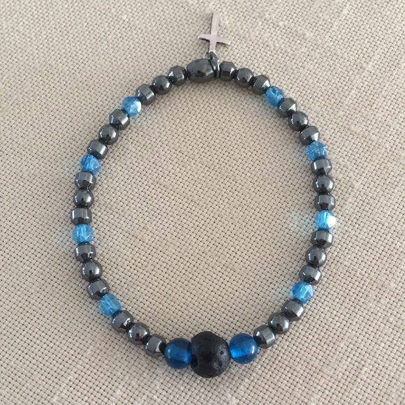 Hand Crafted Hematite Stretch Bracelet Lava Stone Blue Vintage Glass Beads - Picture 1 of 4